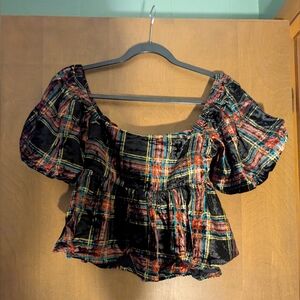 NWT Velvet Plaid Puff Sleeve Top